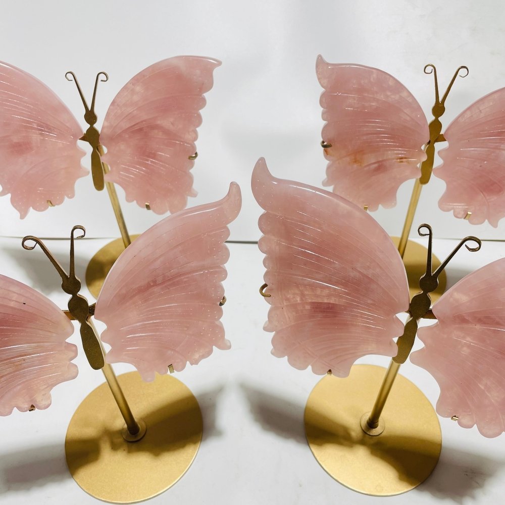 4 Pairs Rose Quartz Butterfly Carving With Stand -Wholesale Crystals