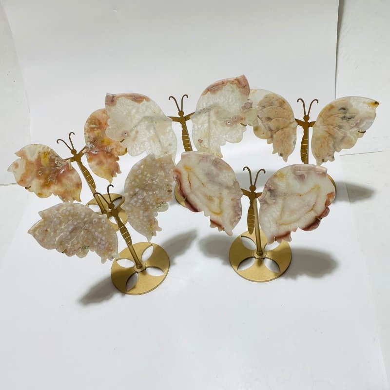 5 Pairs Beautiful Sakura Flower Agate Butterfly Wing Carving With Stand -Wholesale Crystals