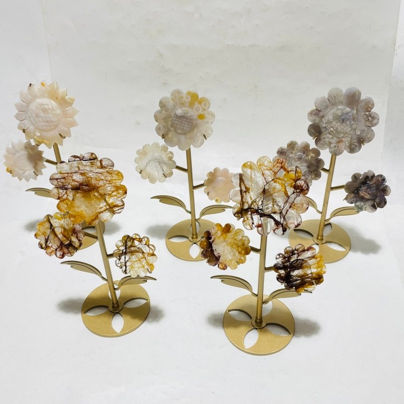 5 Pieces Sunflower Carving With Stand Sakura Agate Fire Quartz -Wholesale Crystals