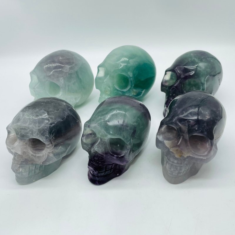 6 Pieces Large Fluorite Halloween Skull Carving -Wholesale Crystals