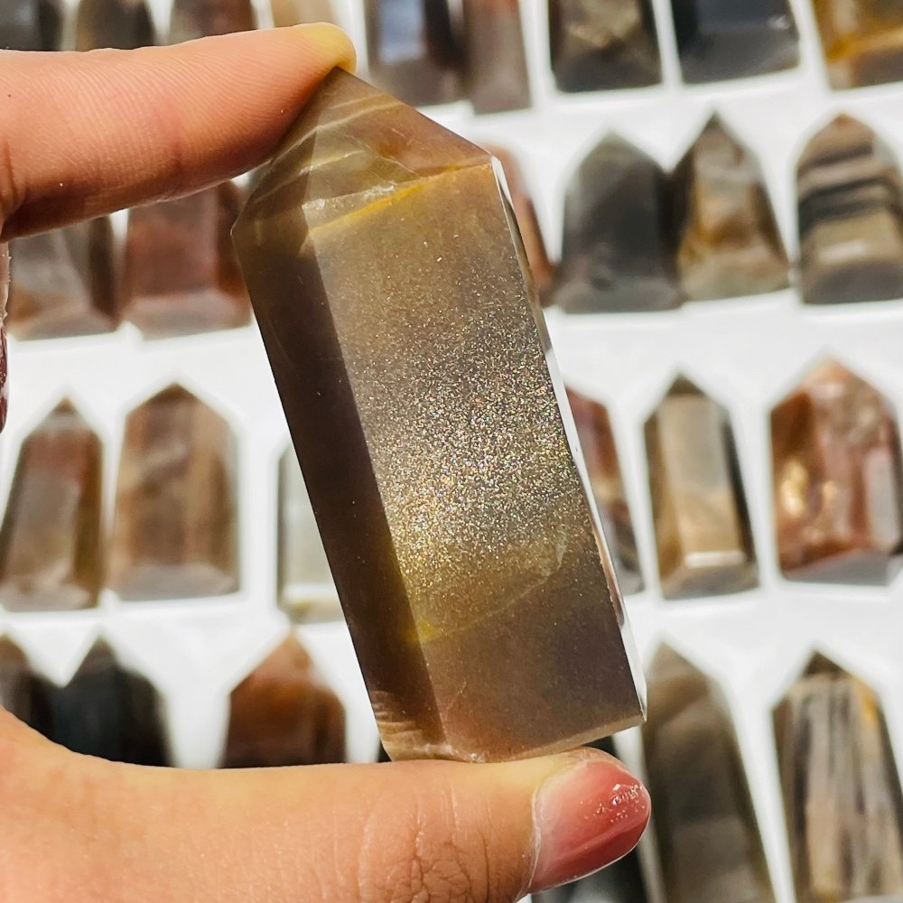 64 Pieces Black Rainbow Sun Stone With Hematite Points -Wholesale Crystals