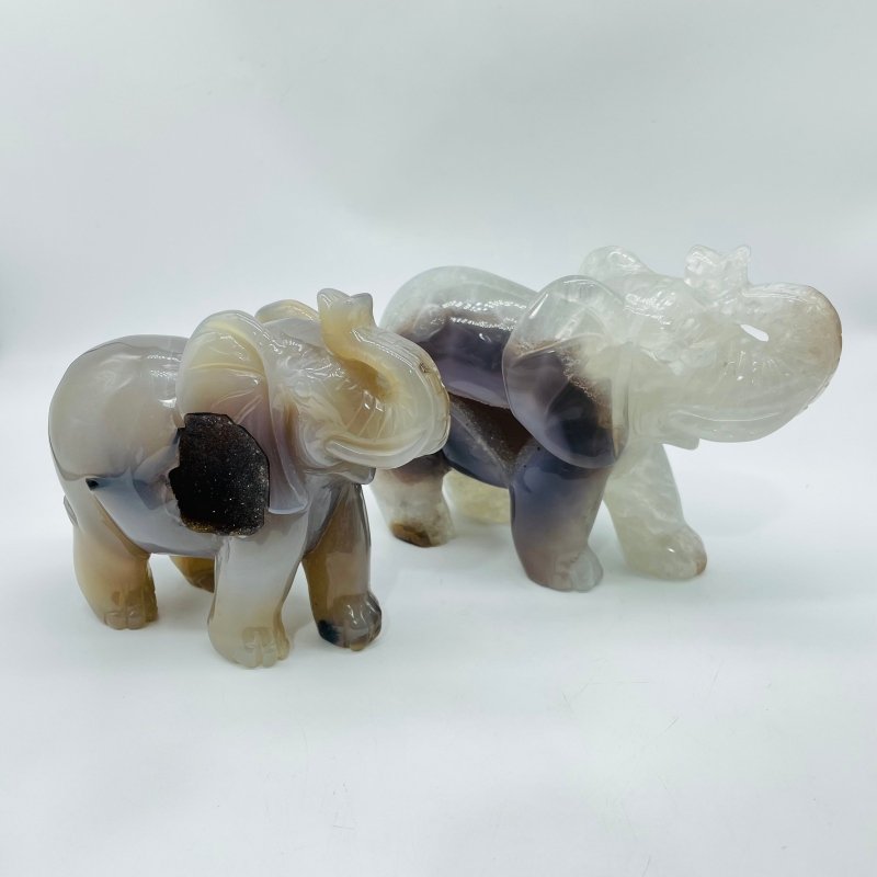 2 Pieces Beautiful Geode Agate Druzy Elephant Carving -Wholesale Crystals