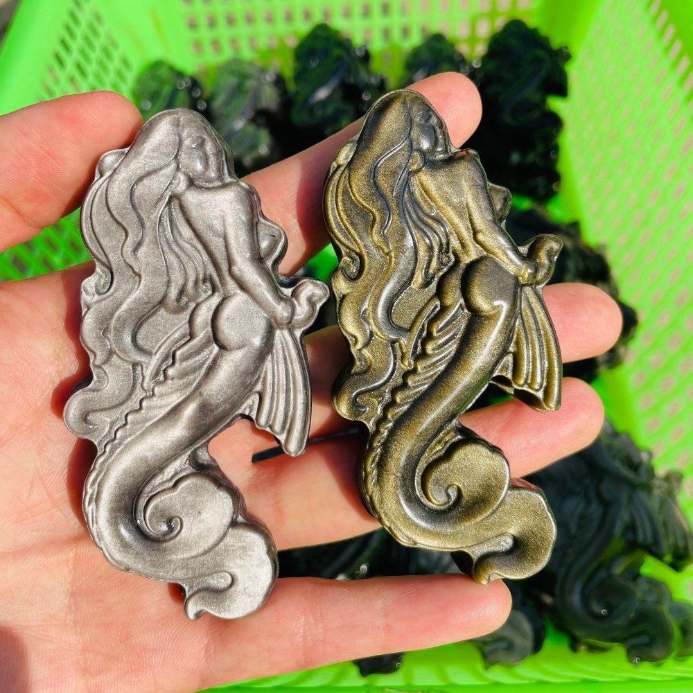 Gold&Silver Sheen Obsidian Mermaid Carving Wholesale -Wholesale Crystals