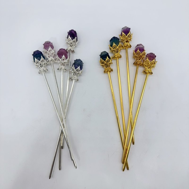 Rainbow Fluorite Rose Flower Hairpin Carving Wholesale -Wholesale Crystals