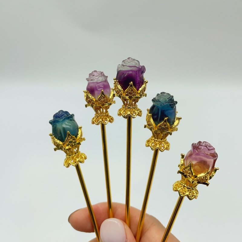Rainbow Fluorite Rose Flower Hairpin Carving Wholesale -Wholesale Crystals