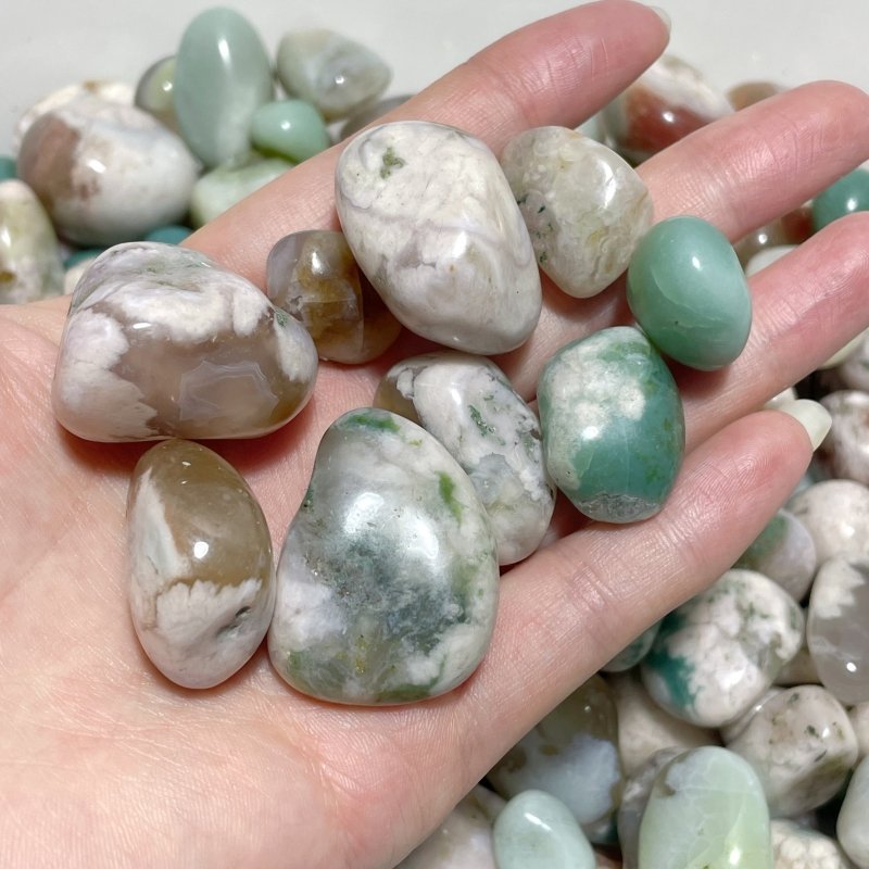 0.7 - 1.3in Green/White Flower Agate Tumbled Sakura Agate Wholesale - Wholesale Crystals