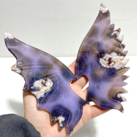Unique Purple Sakura Flower Agate Demon and Angel Wing Carving With Stand