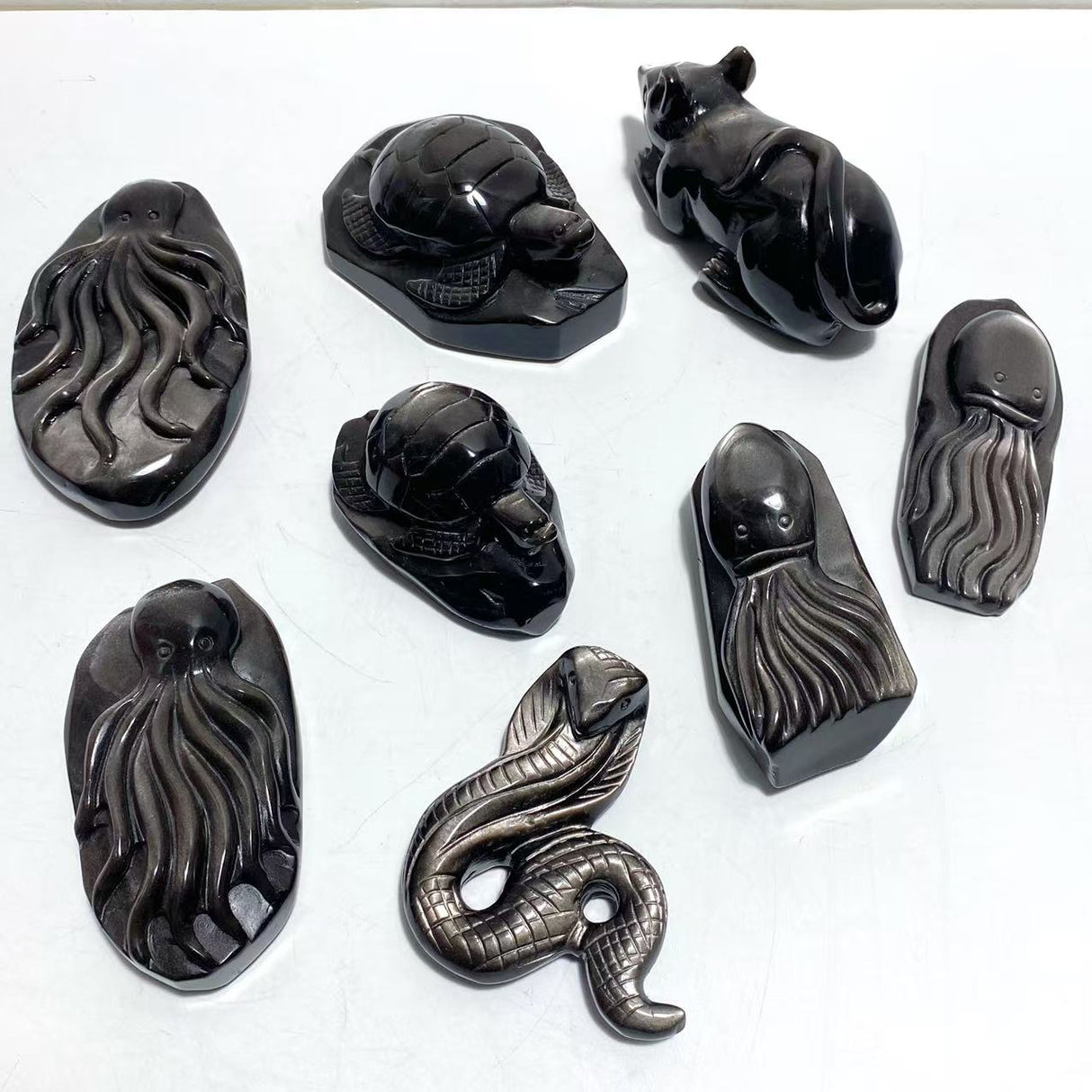 8 Pieces Silver Sheen Obsidian Animals Carving