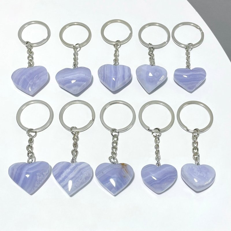 10 Pieces Blue Lace Agate Heart Keychain - Wholesale Crystals