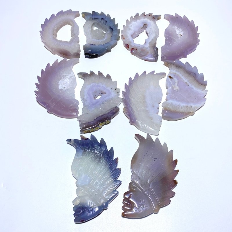 10 Pieces Geode Agate Druzy Indian Feathers Carving - Wholesale Crystals