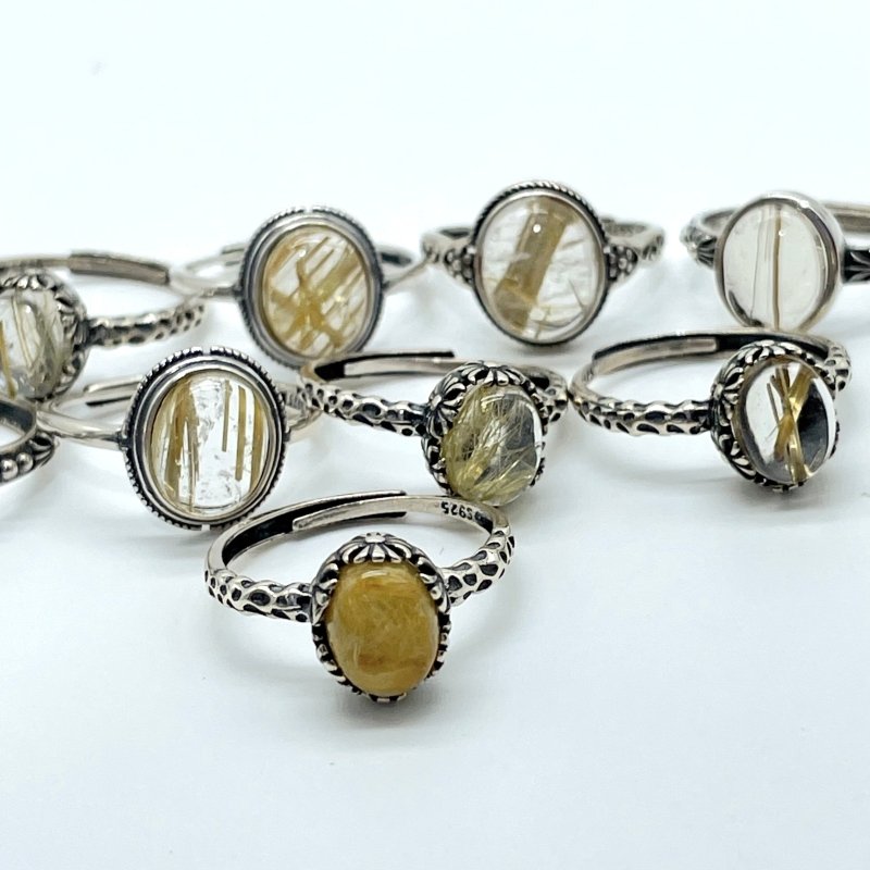 10 Pieces Gold Rutile Quartz Different Styles Sterling Silver Ring - Wholesale Crystals