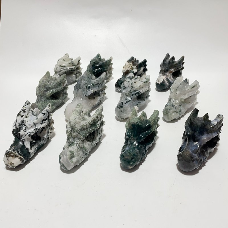 12 Pieces Moss Agate Dragon Head Carving - Wholesale Crystals