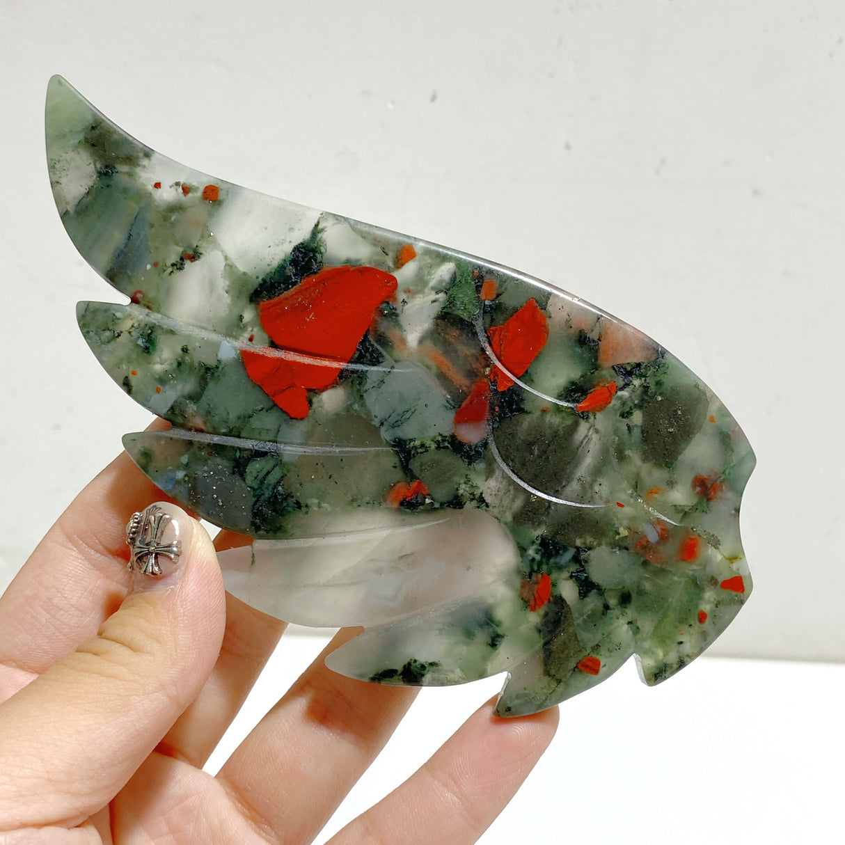 Africa Blood Stone Heart Wing Carving With Stand