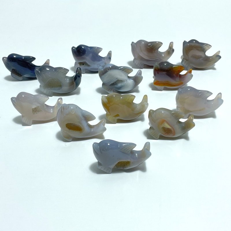 13 pieces Small Geode Agate Druzy Dolphin Carving - Wholesale Crystals