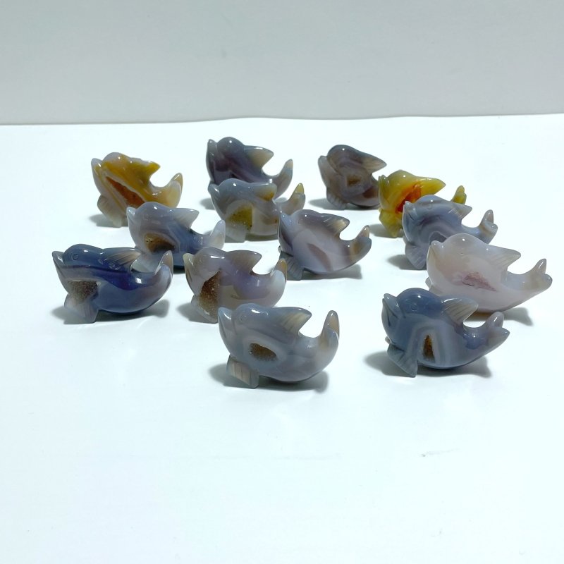 13 pieces Small Geode Agate Druzy Dolphin Carving - Wholesale Crystals