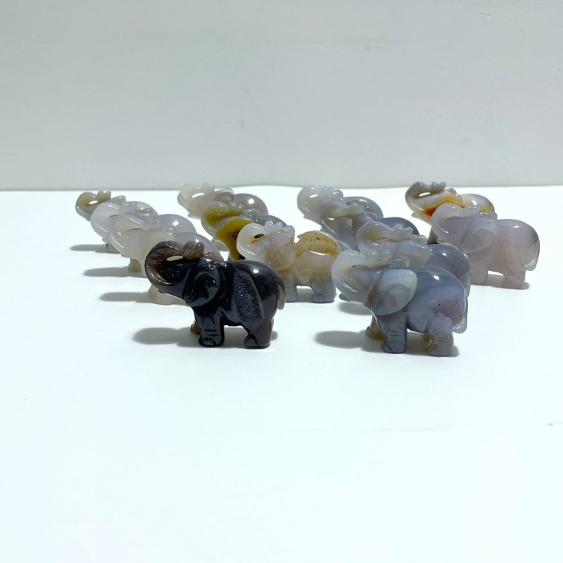 13 pieces Small Geode Agate Druzy Elephant Carving - Wholesale Crystals