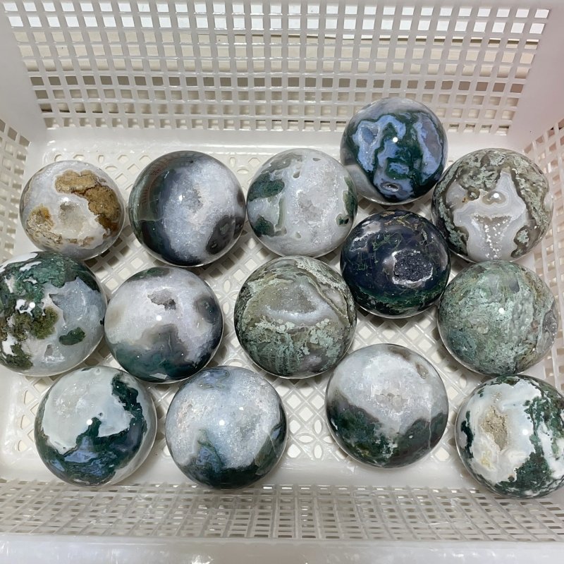 14 Pieces Geode Druzy Moss Agate Spheres -Wholesale Crystals