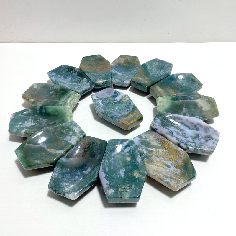 14 Pieces Moss Agate Shallow Bowl Coffin Carving - Wholesale Crystals