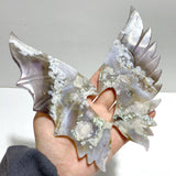 Unique Sakura Flower Agate Demon and Angel Wing Carving With Stand