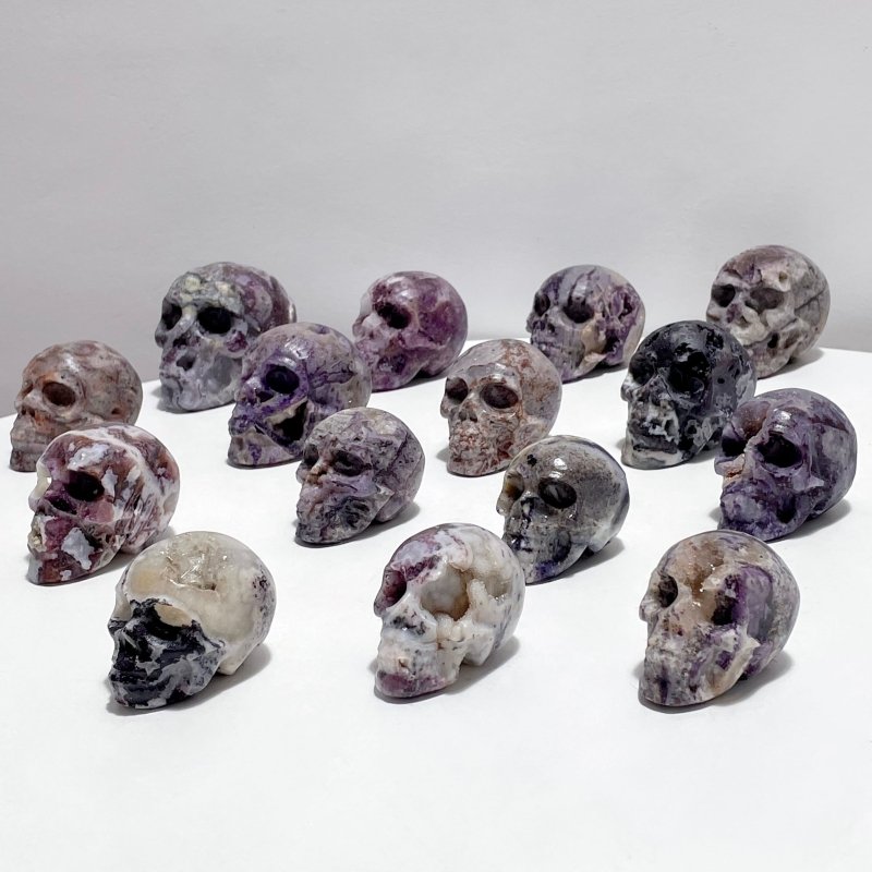 15 Pieces Druzy Geode Purple Fluorite Skull Carving - Wholesale Crystals