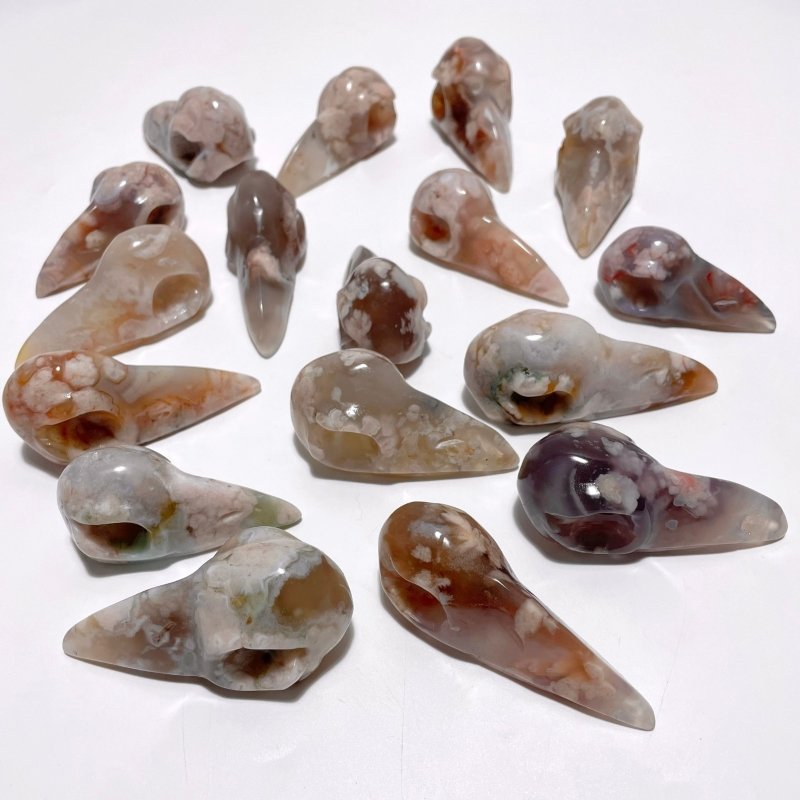 17 Pieces Beautiful Sakura Flower Agate Crow Skull Carving - Wholesale Crystals