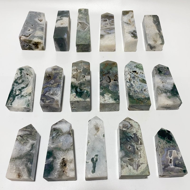 17 Pieces Geode Moss Agate Druzy Four - Sided Points - Wholesale Crystals