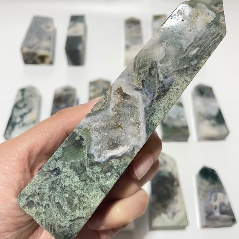 17 Pieces Geode Moss Agate Druzy Four - Sided Points - Wholesale Crystals