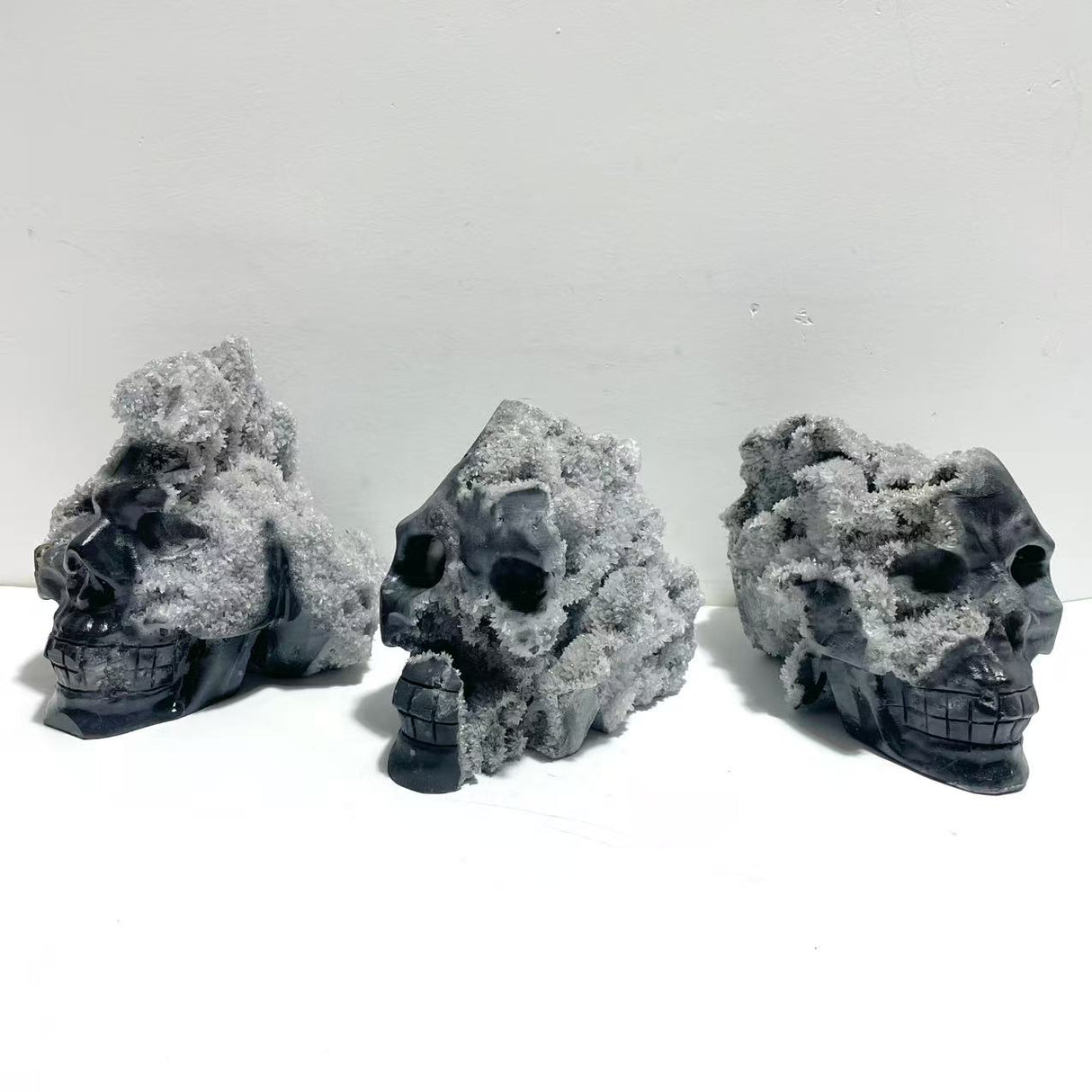 3 Pieces Large Black Clear Quartz Cluster Skull Carving