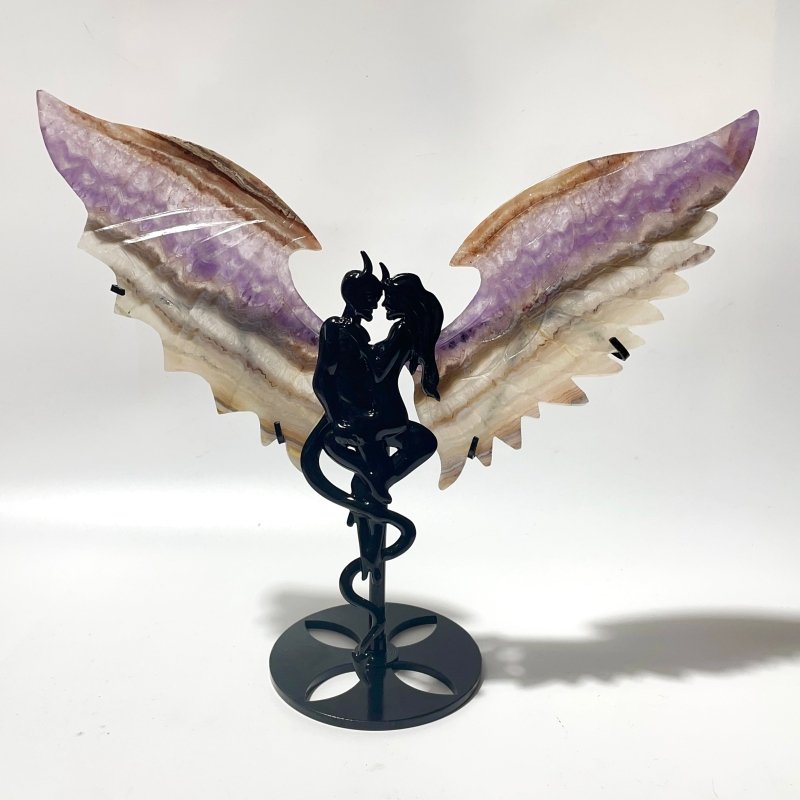 2 Pairs Amethyst Mixed Striped Agate Demon And Angel Wing Carving With Stand -Wholesale Crystals
