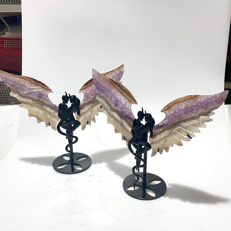 2 Pairs Amethyst Mixed Striped Agate Demon And Angel Wing Carving With Stand -Wholesale Crystals