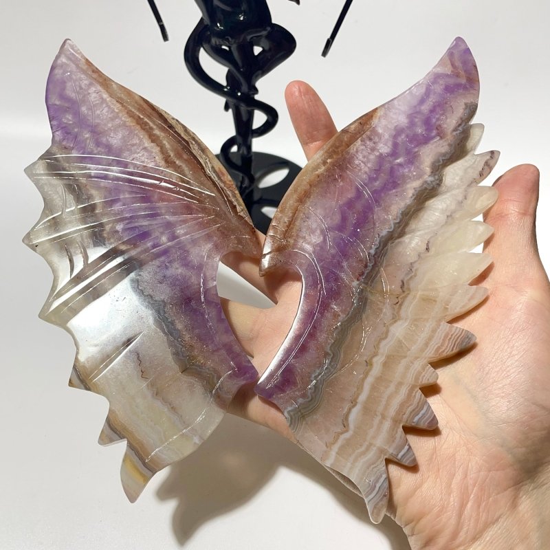 2 Pairs Amethyst Mixed Striped Agate Demon And Angel Wing Carving With Stand -Wholesale Crystals