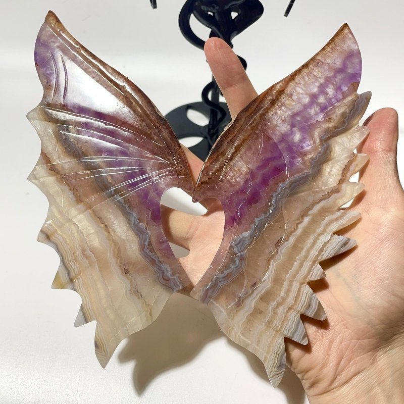 2 Pairs Amethyst Mixed Striped Agate Demon And Angel Wing Carving With Stand - Wholesale Crystals