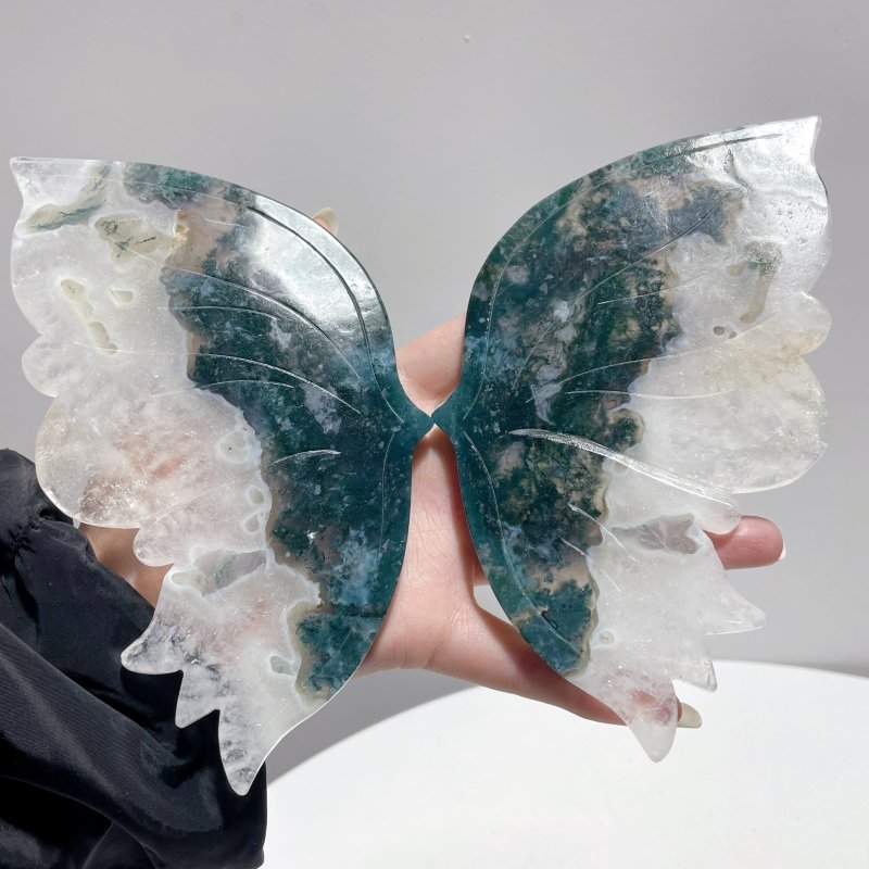 2 Pairs Beautiful Moss Agate Butterfly Wing With Stand - Wholesale Crystals