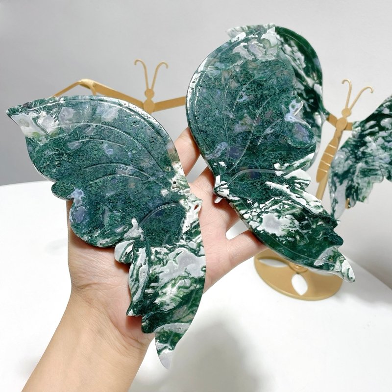 2 Pairs Beautiful Moss Agate Butterfly Wing With Stand - Wholesale Crystals