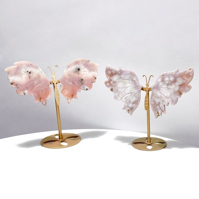 2 Pairs Beautiful Pink Sakura Agate Butterfly Wing Carving With Stand - Wholesale Crystals