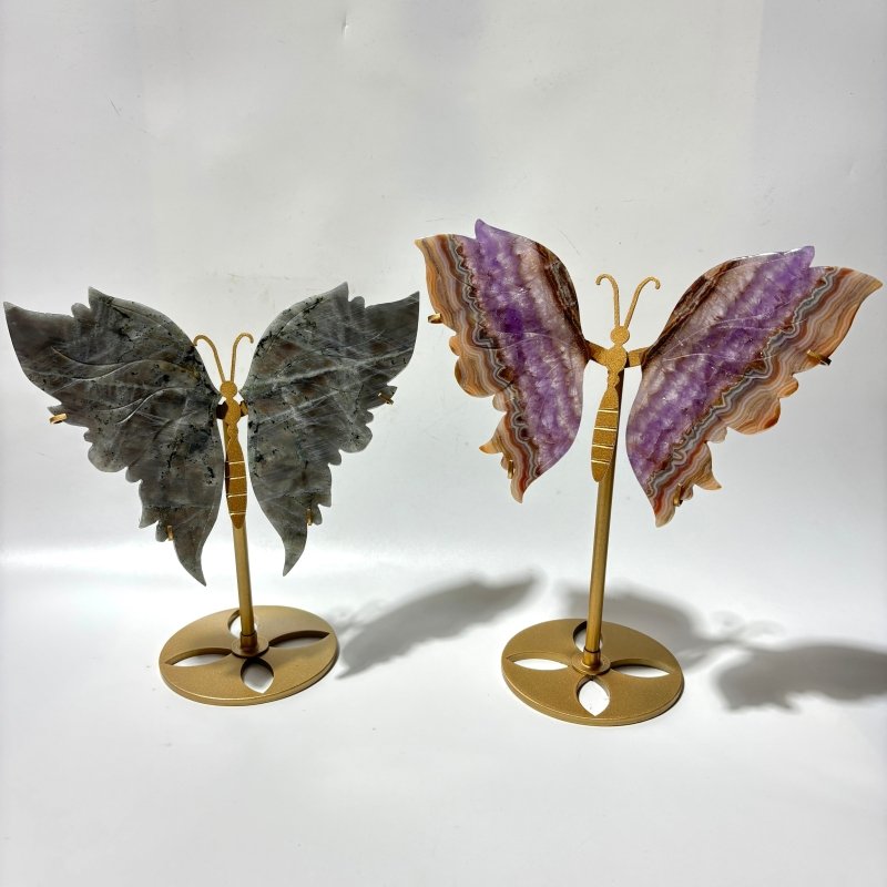 2 Pairs Butterfly Wing Carving With Stand Labradorite Amethyst Mixed Agate -Wholesale Crystals