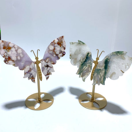 2 Pairs Butterfly Wing Carving With Stand Moss Agate Sakura Flower Agate - Wholesale Crystals