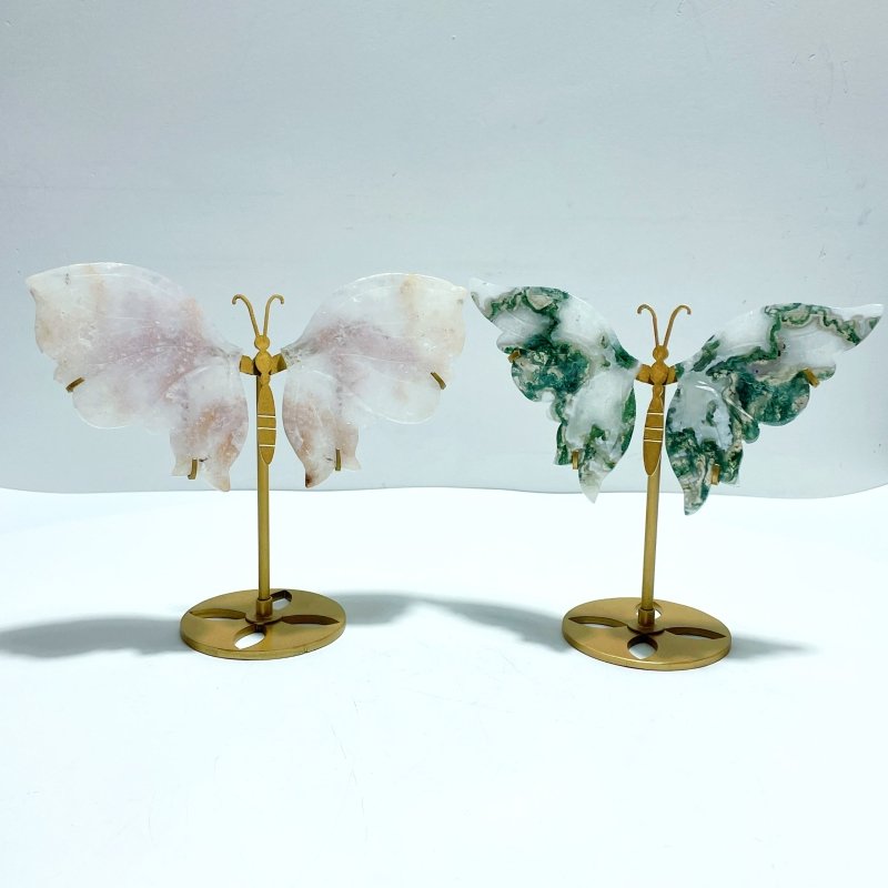 2 Pairs Butterfly Wing Carving With Stand Sakura Flower Agate Moss Agate - Wholesale Crystals