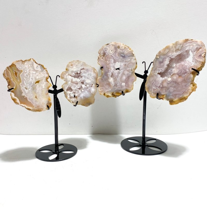 2 Pairs Geode Druzy Sakura Flower Agate Butterfly Wing With Stand - Wholesale Crystals