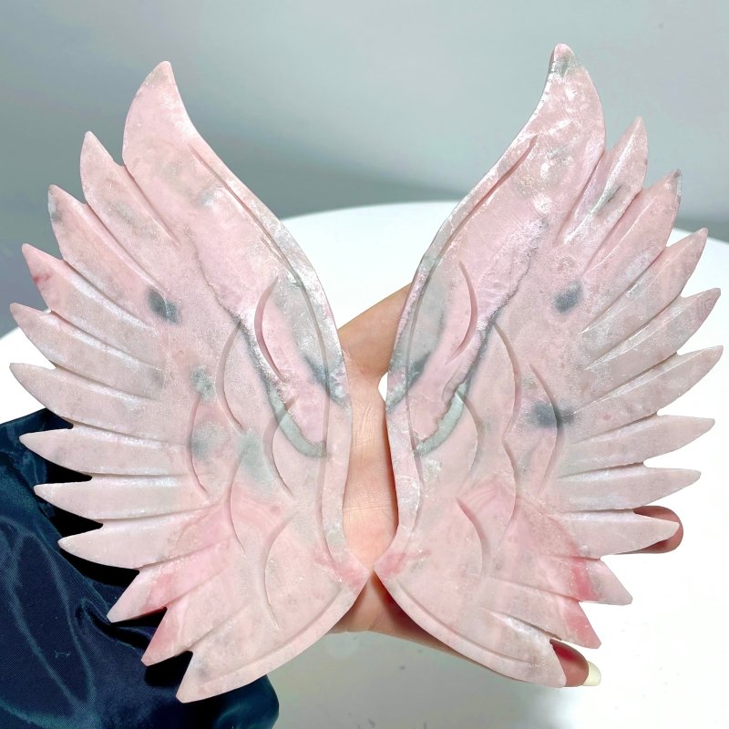 2 Pairs Pink Opal Angel Wing Carving With Stand - Wholesale Crystals