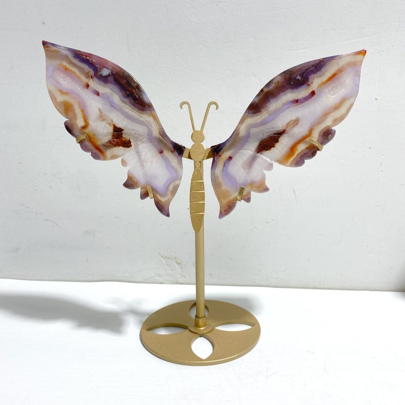 2 Pairs Sakura Flower Agate Butterfly Wing Carving With Stand - Wholesale Crystals
