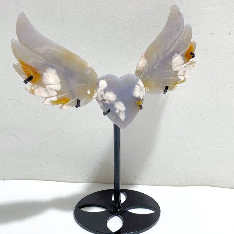 2 Pairs Sakura Flower Agate Heart Wing Carving With Stand -Wholesale Crystals