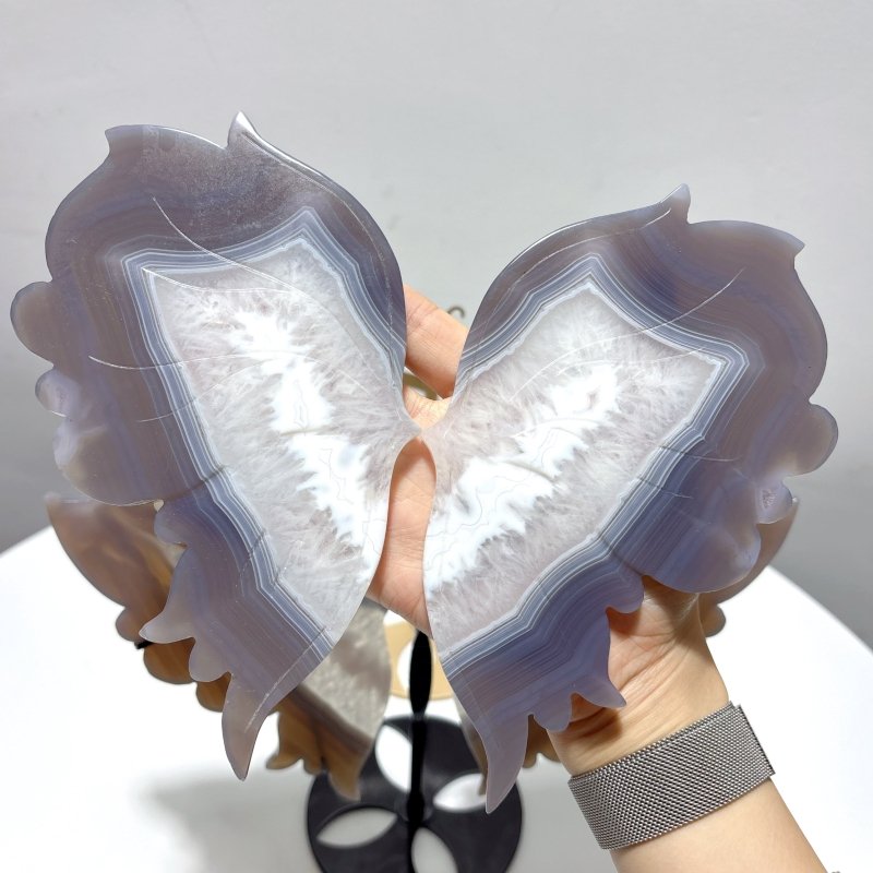2 Pairs Stripe Agate Symmetry Butterfly Wing Carving With Stand - Wholesale Crystals
