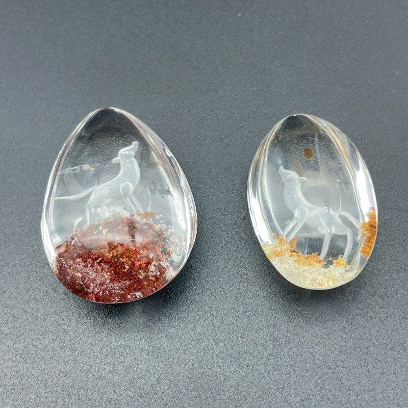 2 Pieces Beautiful Deer Garden Quartz Inner Scene Carving - Wholesale Crystals