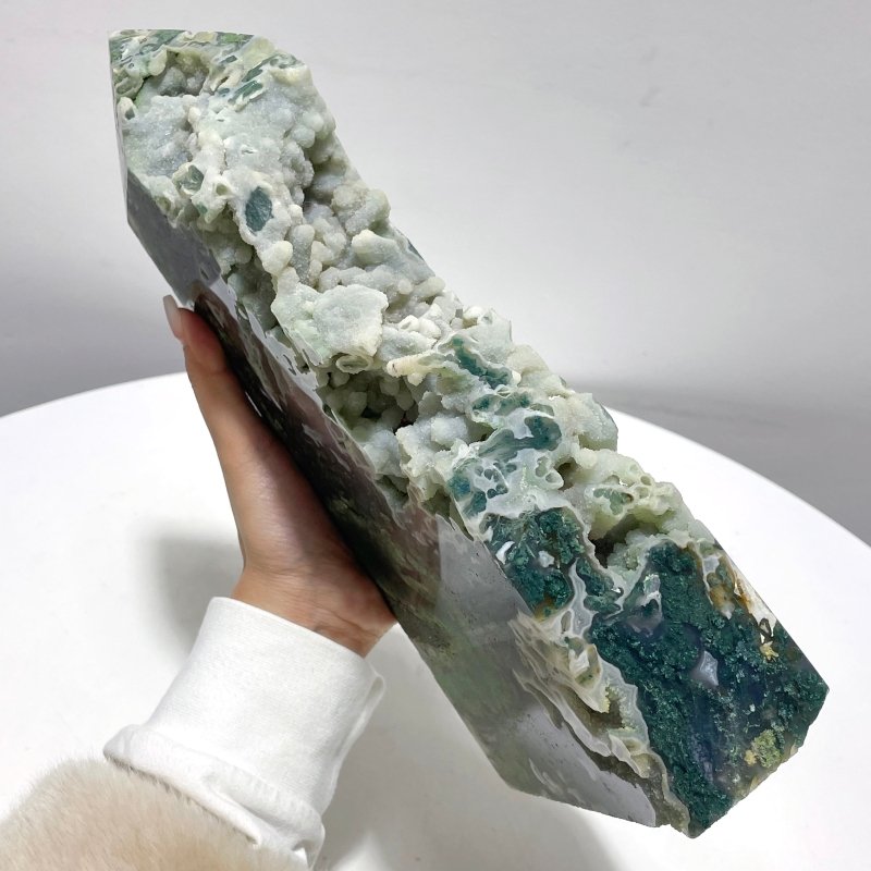 2 Pieces Large Druzy Moss Agate Geode Rough - Sided Tower - Wholesale Crystals