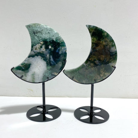 2 Pieces Large Moss Agate Moon Carving With Stand - Wholesale Crystals