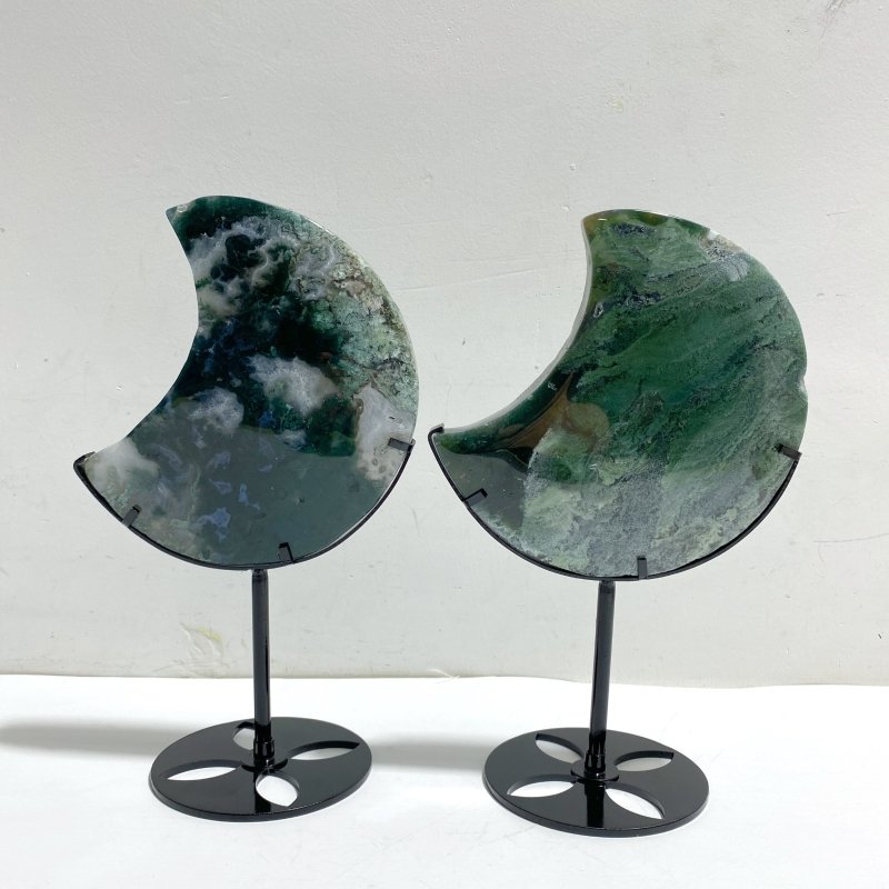 2 Pieces Large Moss Agate Moon With Stand 5 - Wholesale Crystals