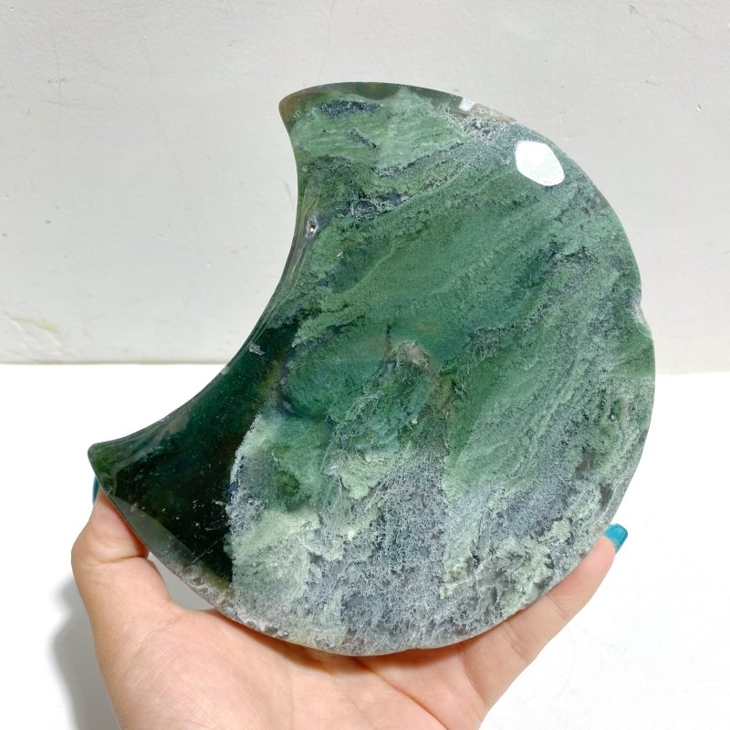 2 Pieces Large Moss Agate Moon With Stand 5 - Wholesale Crystals