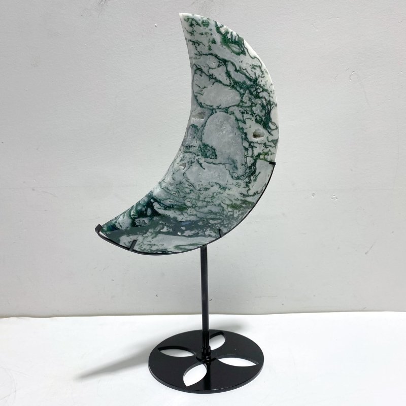 2 Pieces Large Moss Agate Moon With Stand Home Decor - Wholesale Crystals