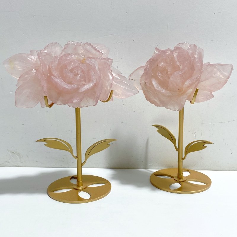 2 Pieces Rose Quartz Flower Carving With Stand -Wholesale Crystals